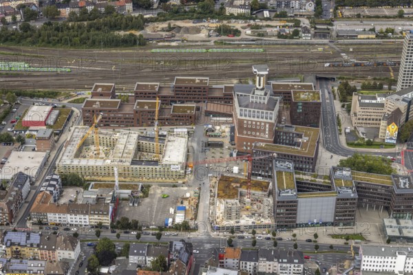 Aerial view, construction site and new construction of a residential complex at the Dortmund