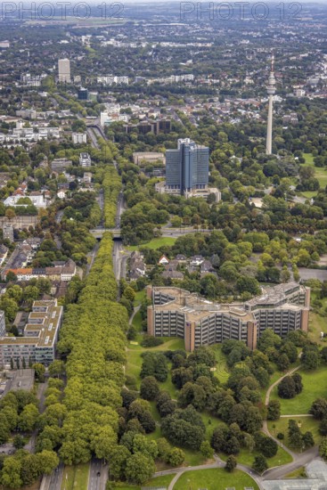 Aerial view, greened Rheinlanddamm with Signal Iduna headquarters, Westnetz GmbH building and