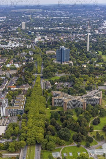 Aerial view, greened Rheinlanddamm with Signal Iduna headquarters, Westnetz GmbH building and