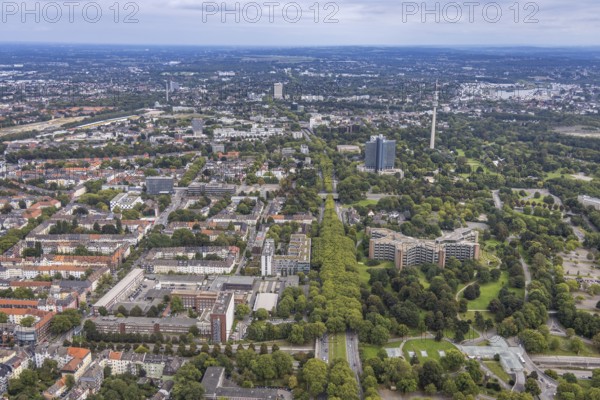 Aerial view, greened Rheinlanddamm B1 with Signal Iduna headquarters, Westnetz GmbH building and