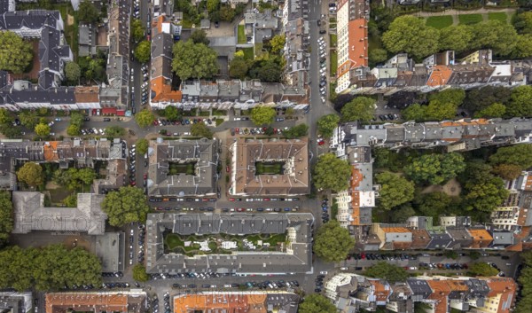 Aerial view, square residential complex in the Kreuzviertel in the Westfalenhalle district in
