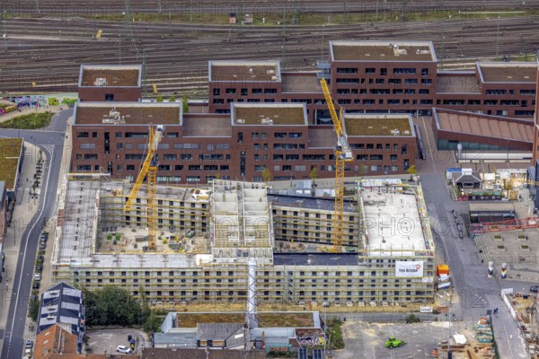 Aerial view, construction site and new construction of a residential complex at the Dortmund