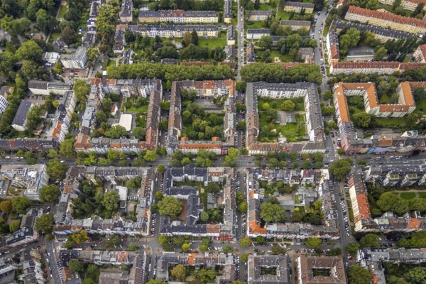 Aerial view, square residential complex in the Kreuzviertel in the Westfalenhalle district in