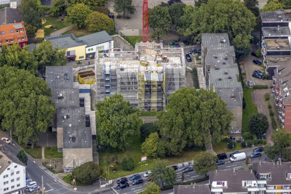 Aerial view, construction site with new building on Heiligegartenstraße in the Nordstadt district