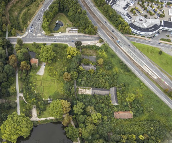 Aerial view, entrance with gatehouse at Rombergpark in the district Hörde in Dortmund, Ruhr area,