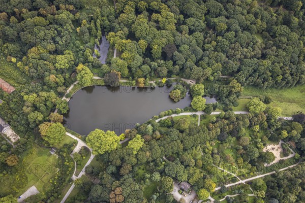 Aerial view, Rombergpark with lake in the district Hörde in Dortmund, Ruhr area, North