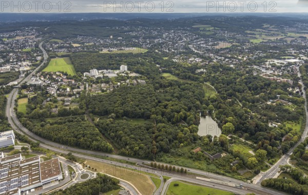Aerial view, Rombergpark with lake in the district Hörde in Dortmund, Ruhr area, North