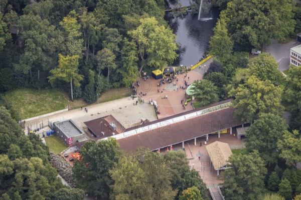 Aerial view, BVB 09 information stand and fans at the Flamingo Restaurant in Rombergpark in the