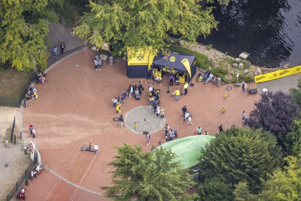 Aerial view, BVB 09 information stand and fans at the Flamingo Restaurant in Rombergpark in the