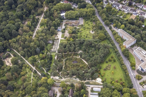 Aerial view, The moor heath landscape and the administration building in Rombergpark in the