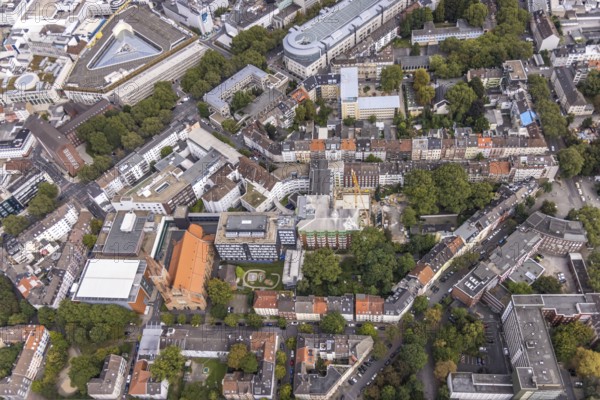 Aerial view, building site at St. Johannes Hospital and Church of Our Lady of the Holy Sepulchre in