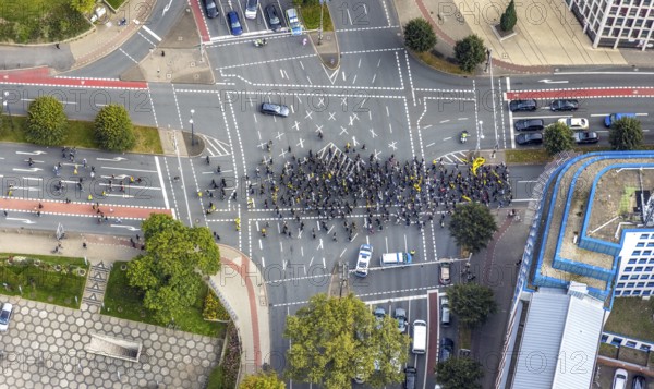 Aerial photo, BVB fans on their way to the BVB 09 football match in the City district of Dortmund,