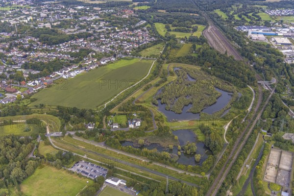 Aerial view, Dahlwiesenbach drainage ditch with overflow area east and west in the Alt-Scharnhorst