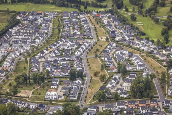 Aerial view, housing estate with tree avenue and air corridors between Theodor-Blank-Allee and
