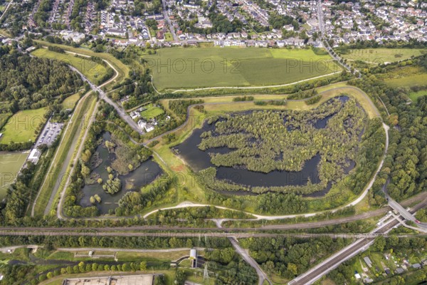 Aerial view, Dahlwiesenbach drainage ditch with overflow area east and west in the Alt-Scharnhorst