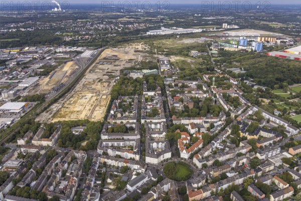 Aerial view, construction site at the old Westfalenhütte in the district Borsigplatz in Dortmund,