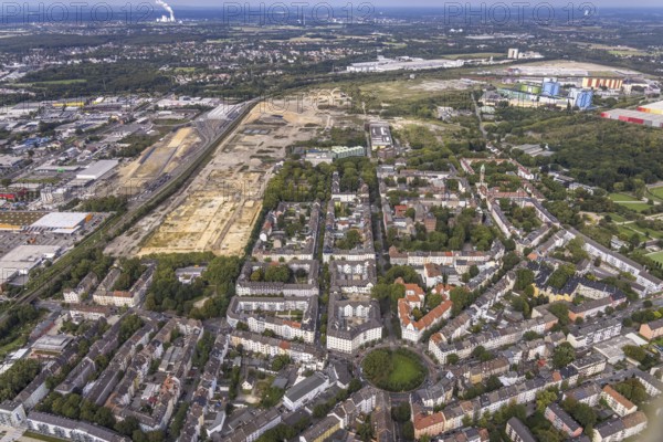 Aerial view, construction site at the old Westfalenhütte in the district Borsigplatz in Dortmund,