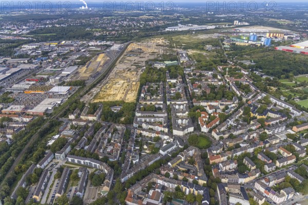 Aerial view, construction site at the old Westfalenhütte in the district Borsigplatz in Dortmund,