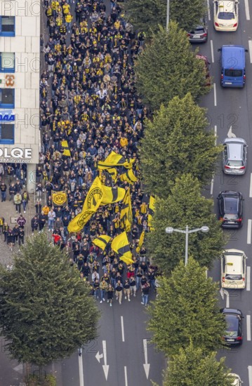 Aerial photo, BVB fans on their way to the BVB 09 football match in the City district of Dortmund,