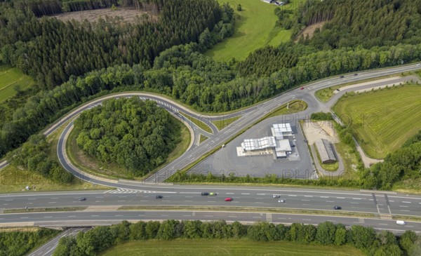 Aerial view, motorway junction Drolshagen, motorway A45 with petrol station and roundabout,