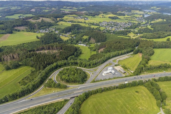 Aerial view, motorway junction Drolshagen, motorway A45 with petrol station and roundabout,