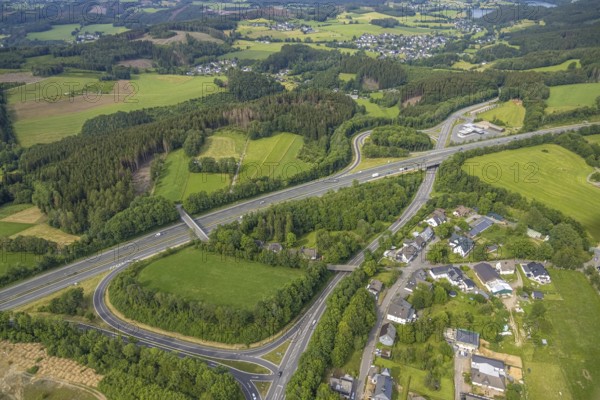 Aerial view, motorway junction Drolshagen, motorway A45 with petrol station and roundabout,