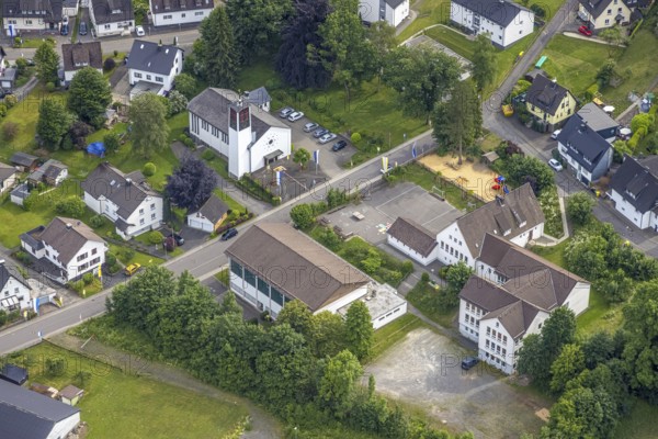 Aerial view, Catholic Church of the Nativity of the Virgin Mary and Primary School in Hützemert,
