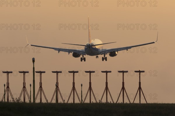 Boeing 737 jet aircraft of Ryanair airlines in flight landing at sunset at London Stansted airport,
