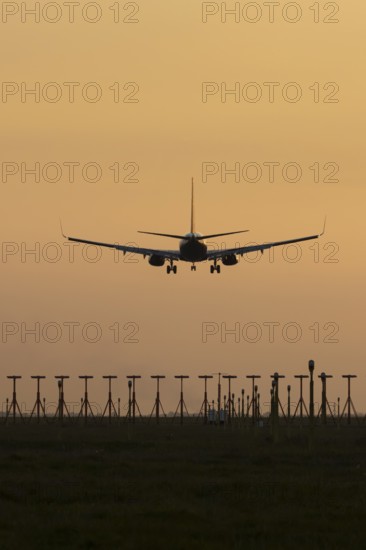 Boeing 737 jet aircraft of Ryanair airlines in flight landing at sunset at London Stansted airport,