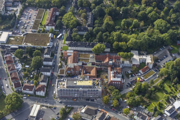Aerial view, construction site and new building Lukas Deluxe at the catholic hospital Dortmund-West