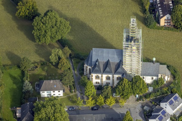 Aerial view, renovation work on the steeple of St. Josef's Catholic Church in the Kirchlinde