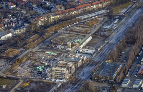 Aerial view, construction site Kronprinzenviertel for new construction of flats Am Wasserturm