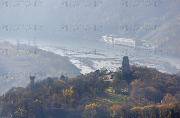 Aerial view, autumnal forest at Hohensyburg with Kaiser-Wilhelm monument and Vincketurm as well as