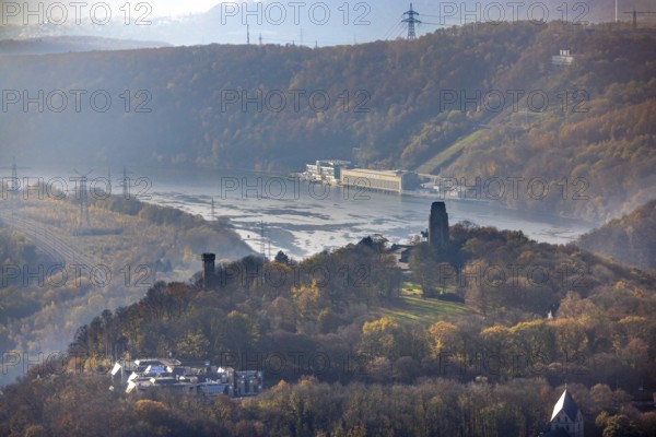 Aerial view, autumnal forest at Hohensyburg with Kaiser-Wilhelm monument and Vincketurm as well as
