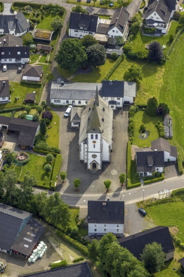 Aerial view, catholic church St. Antonius Einsiedler, Iseringhausen, Drolshagen, Sauerland, North