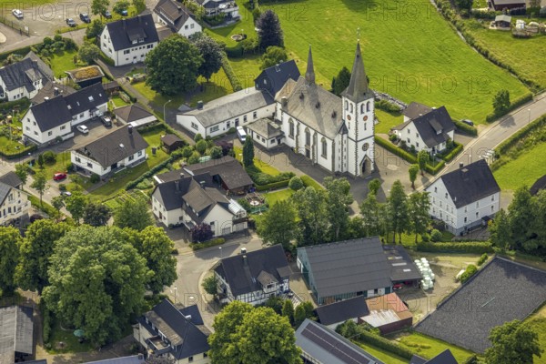 Aerial view, catholic church St. Antonius Einsiedler, Iseringhausen, Drolshagen, Sauerland, North