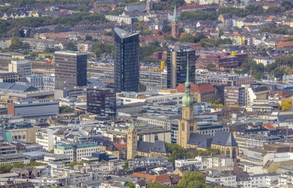 City centre view with protestant church St Marien, St. Reinoldikirche, IWO Hochhaus, RWE Tower and