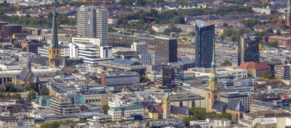 View of the city centre with St. Marien Protestant Church, St. Reinoldi Church, IWO Tower, RWE
