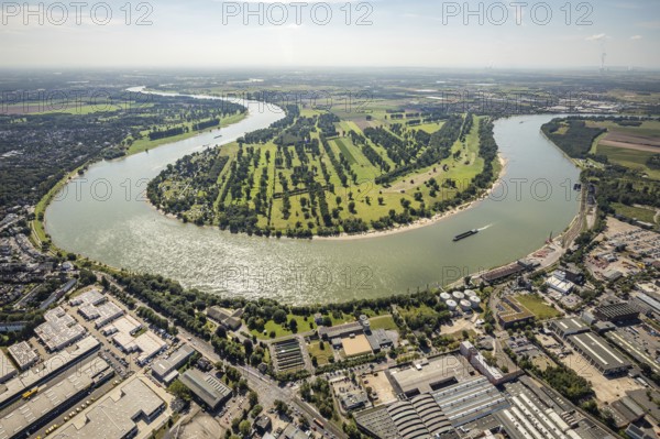 Aerial view, river Rhine Rhine bend with meadows and fields Zonser Grind and camping site