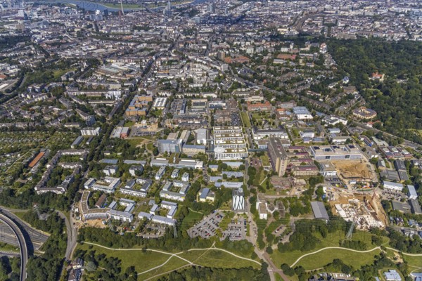 Aerial view, construction site and new building at the University Hospital Düsseldorf in the