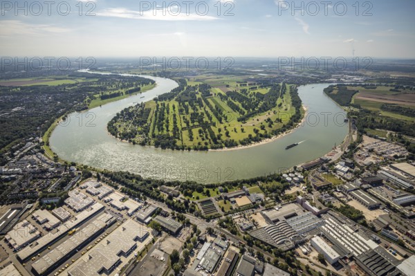 Aerial view, river Rhine Rhine bend with meadows and fields Zonser Grind and camping site