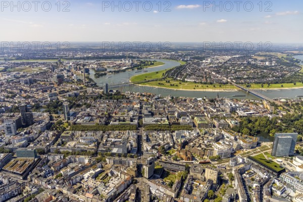 Aerial view, Düsseldorfer Kö Königsallee shopping district and St. John's Church and Media Harbour