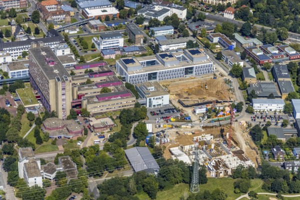 Aerial view, construction site and new building at the University Hospital Düsseldorf in the