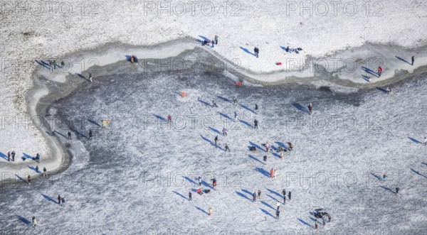 Aerial view, ice rink, ice skaters and pedestrians on frozen Rhine meadow in Lörrick near the