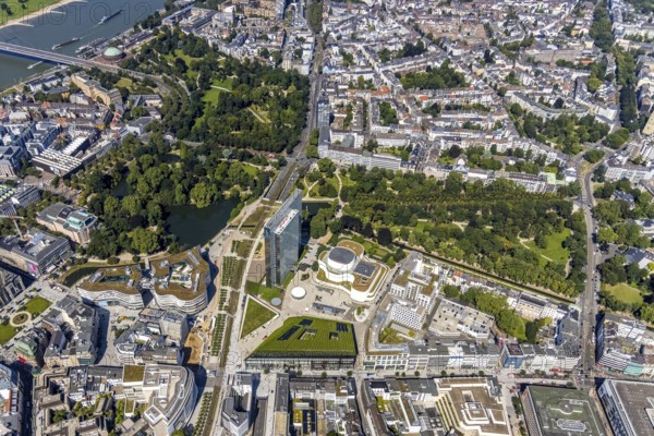 Aerial view, Dreischeibenhaus and Düsseldorfer Schauspielhaus as well as Kö Bogen II with hornbeam