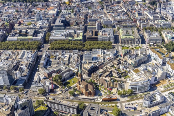 Aerial view, Düsseldorf Kö Königsallee shopping district and St. John's Church with