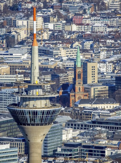 Aerial view, Rhine Tower in the Media Harbour, St. John's Church in the background, harbour,