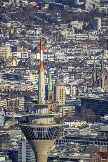 Aerial view, Rhine Tower in the Media Harbour, St. John's Church in the background, harbour,