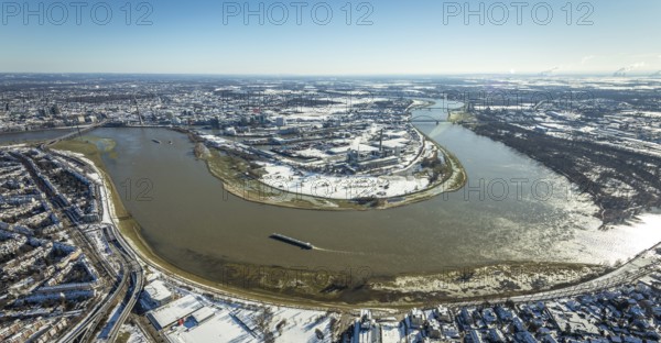 Aerial view, Rhine bend at the harbour, Lausward power station, harbour, Düsseldorf, Rhineland,