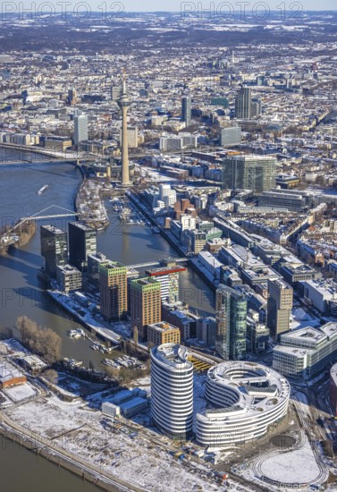 Aerial view, media harbour with Rhine Tower, harbour, Düsseldorf, Rhineland, North